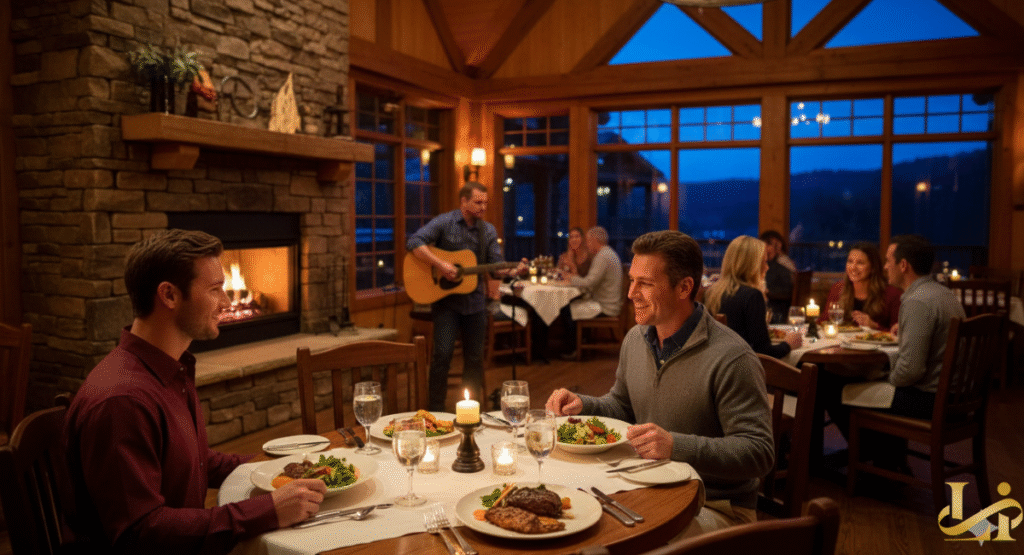 An inviting, rustic dining room at the Smoky Mountain Resort Westgate Resort Gatlinburg Tennessee, featuring a large stone fireplace and warm wood paneling. Guests are enjoying candlelit dinners while a musician plays an acoustic guitar, creating a cozy evening atmosphere with a mountain view outside the windows.