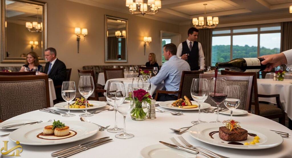 An elegant fine-dining experience at the Crystal Springs Resort, showing a table set with white linen, wine glasses, and plates of beautifully plated gourmet food, with a server pouring red wine. Other guests are seated at nearby tables in the softly lit, upscale restaurant.