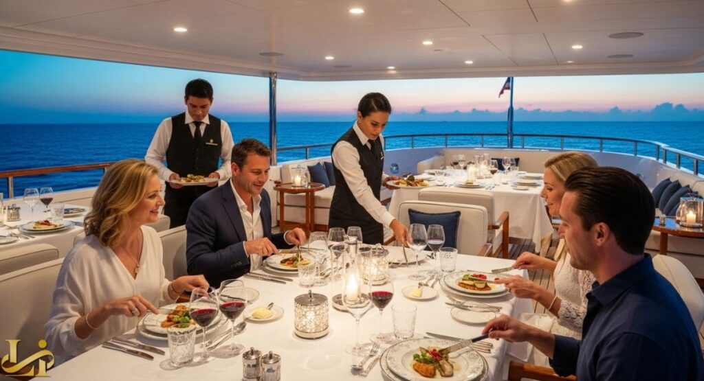 An elegant group of people enjoying a gourmet dinner served by uniformed crew on the aft deck of a luxury yacht at sunset, with the ocean visible in the background.