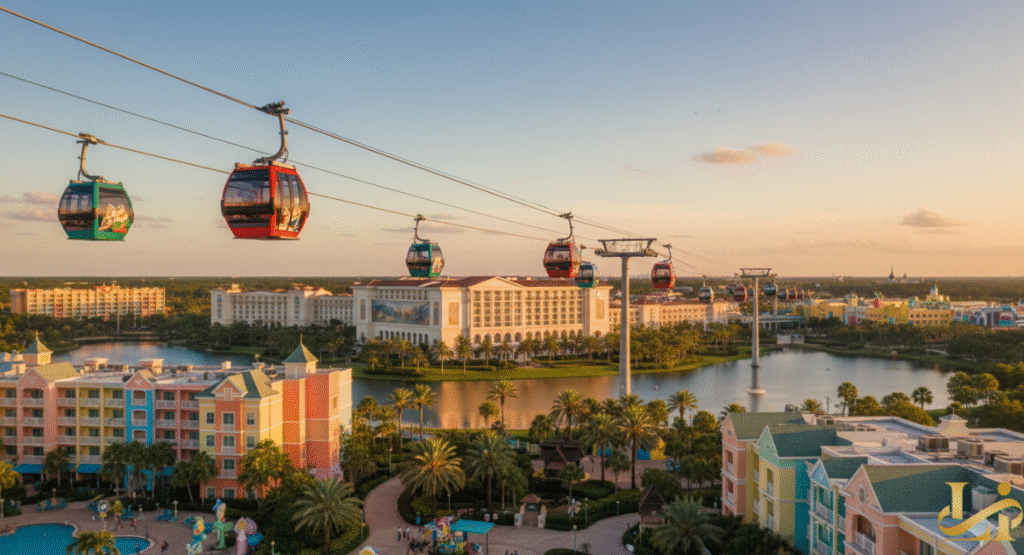 An aerial view of the Disney Skyliner system, showing colorful gondola cabins traveling over a body of water between several Disney resorts, including the prominent Art of Animation and Pop Century resorts and the Riviera Resort, set against a warm sunset sky.