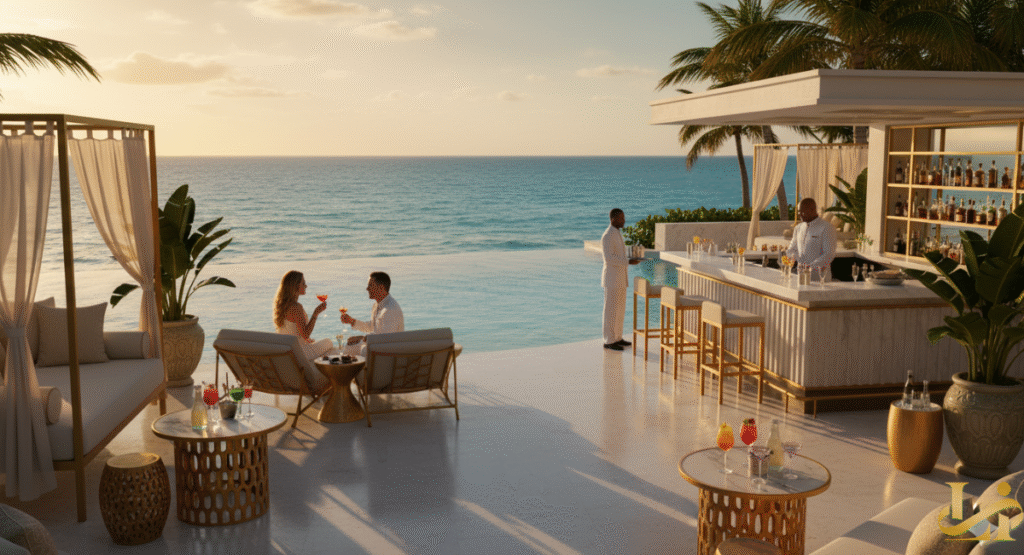 An expansive beachfront restaurant and bar with a wooden deck, where guests are enjoying dinner and cocktails under strings of lights at sunset. The lively open-air dining space is framed by palm trees and overlooks the serene ocean, offering a quintessential tropical atmosphere.