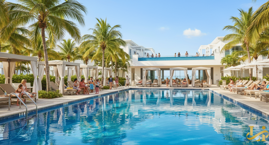An aerial view of the resort's sprawling pool complex, featuring a long rectangular pool lined with private, white curtained cabanas and lush palm trees. Guests relax on the sun deck and on a rooftop pool area in the background.
