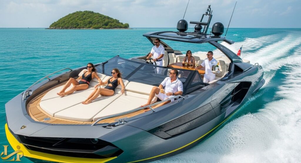 A high-speed shot of the Tecnomar for Lamborghini 63 yacht in turquoise waters near a small island, with passengers lounging on the forward sun pad and crew attending to guests in the cockpit.