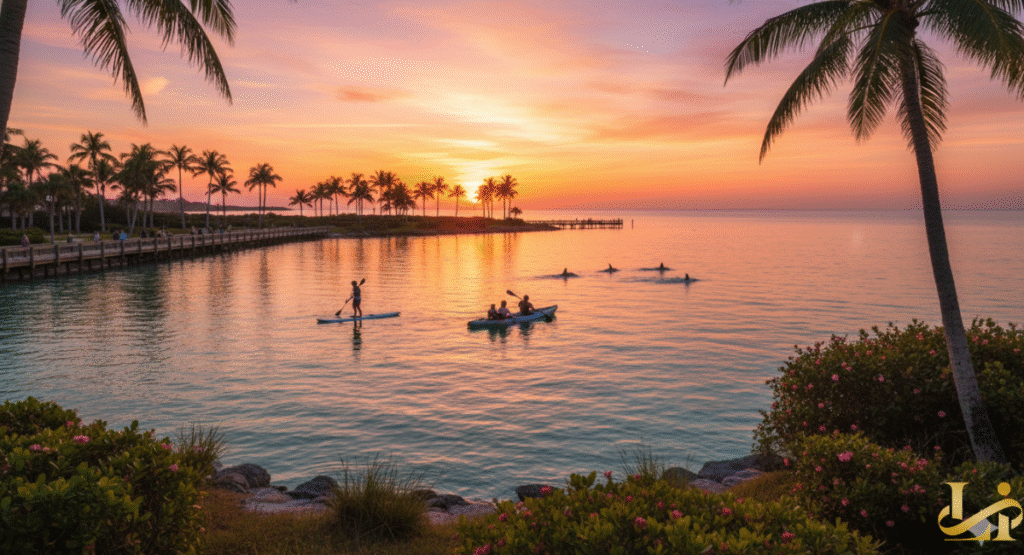 A stunning sunset over a calm harbor, with silhouettes of palm trees framing a water scene where a paddleboarder and a kayak with two people are visible, and dolphins jump out of the water near a distant pier.