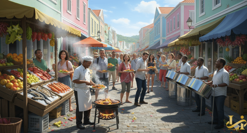 An illustration of a bustling street scene in the US Virgin Islands, showing a vibrant local market with colorful colonial buildings, a chef grilling fresh food, stalls selling fruit and seafood, tourists enjoying samples, and musicians playing steel drums.