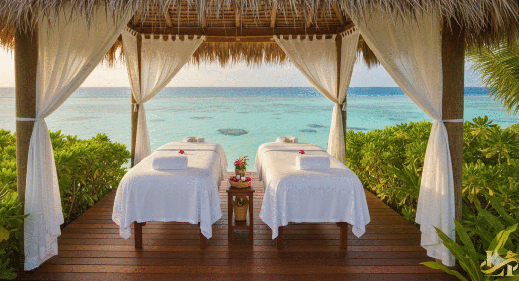 An elegantly designed outdoor pool area with an infinity edge facing the ocean at sunset. A couple is toasting with cocktails near a stylish bar area with cabanas, typical of the exclusive amenities found at Little Palm Resort or a similar luxury property.
