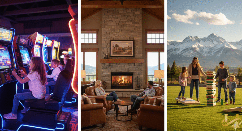 A three-panel image showcasing diverse family amenities at the Gaylord Rockies Resort: an indoor arcade with children playing, a rustic stone fireplace lounge, and a family enjoying outdoor lawn games with a stunning snow-capped mountain view.