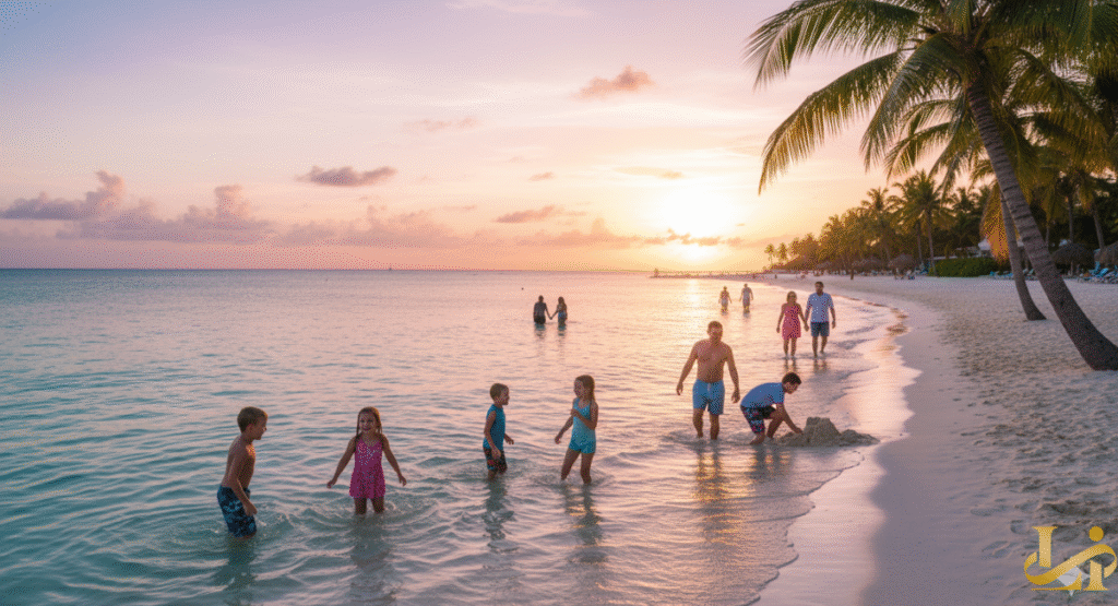 A gorgeous sunset scene on a tropical beach, with palm trees framing the sky. A family with young children plays in the gentle waves near the shore, while other couples and people stroll along the water's edge in the soft light.