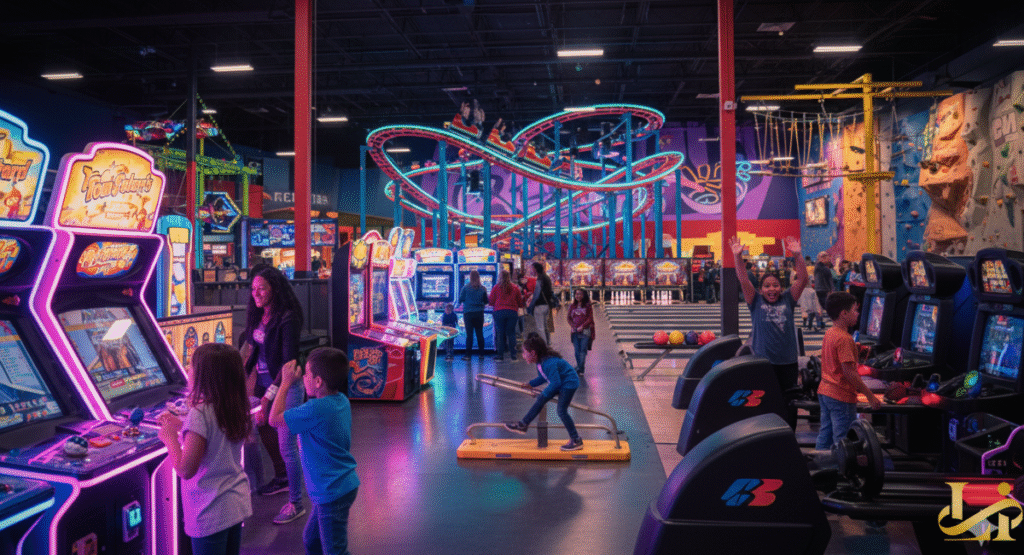A vibrant, neon-lit indoor family entertainment center at Kalahari Resorts, featuring a variety of activities including arcade games, a small indoor roller coaster with bright blue and pink tracks, bowling lanes, and a climbing wall, with multiple families enjoying the attractions.