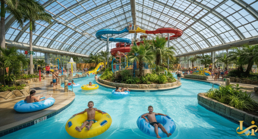An aerial view of a large resort complex nestled in a dense, green forest with the Smoky Mountains rolling in the background at sunrise. The complex includes clusters of log cabins and a large indoor water park with a glass-domed roof.