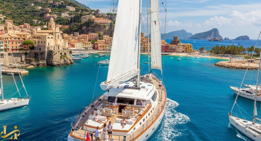 An aerial view of a large white sailing yacht with a teak deck, full white sails, and passengers enjoying the sun, cruising in the turquoise waters of a picturesque Mediterranean bay, with a colorful, historic coastal town and lush hills serving as a favorite destination backdrop.