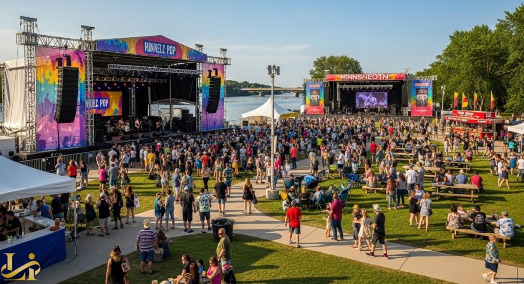 A wide shot of a crowded outdoor music festival with two large stages labeled "HINKELD POP" and "MINNNEOTN" set up on a grassy area next to a body of water. People are walking, sitting at picnic tables, and standing near food trucks, illustrating the festival's location, multiple stages, and lively atmosphere.