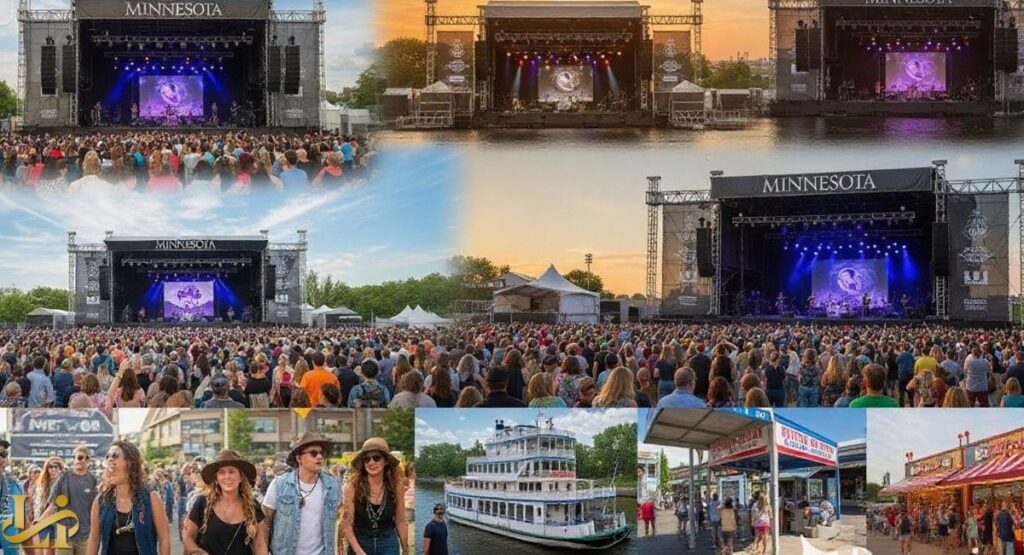 A photo collage illustrating the growth and development of a music festival, featuring multiple wide shots of a main stage labeled "MINNESOTA" with a live band and large crowds in attendance. The bottom row shows attendees, a paddle-wheel riverboat, and various food/vendor booths, highlighting the festival's vibrant atmosphere and expanding infrastructure.