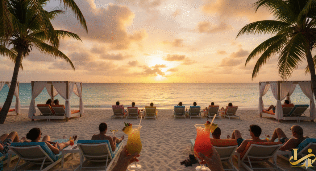 An aerial view of eco-friendly, modern wooden villas with solar panels built along a curve of a white-sand beach. Guests are seen swimming and snorkeling in the clear turquoise water near a coral reef, emphasizing sustainable travel and beachfront luxury.