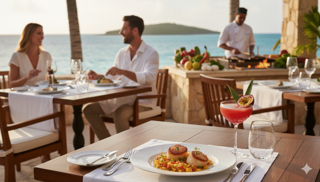 A close-up of a plate of perfectly seared scallops and a colorful passion fruit cocktail at an oceanfront restaurant at an Auberge Resorts property, with a couple dining and a chef cooking on an outdoor grill in the background.