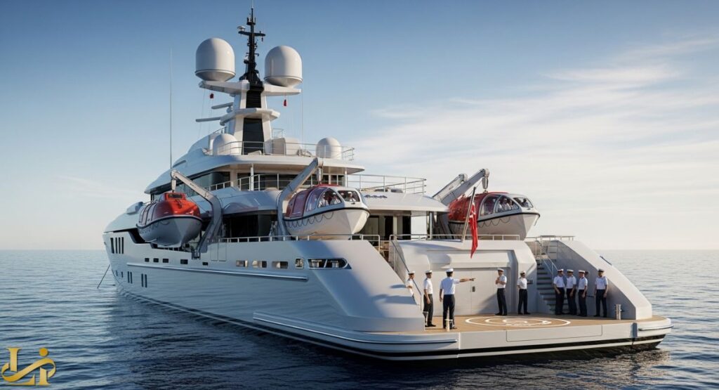 A digitally rendered image of a large, modern white superyacht viewed from the stern, showcasing a dedicated helipad platform and a crew lined up at attention. The yacht is equipped with multiple large, enclosed rescue lifeboats (tenders) suspended by davits on the upper deck, representing enhanced safety features.
