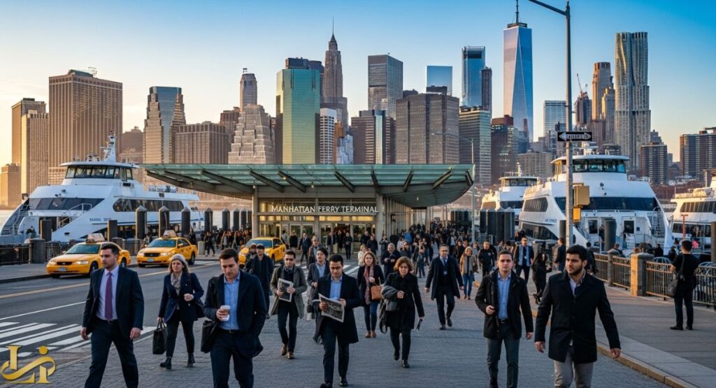 Manhattan Ferry Terminal : A bustling scene at the Manhattan Ferry Terminal, with a large crowd of commuters and pedestrians walking past taxi cabs on a sunny day. The modern glass-roofed terminal entrance is visible, with large ferries docked on either side, and the dramatic Lower Manhattan skyline, including One World Trade Center, forms a backdrop.