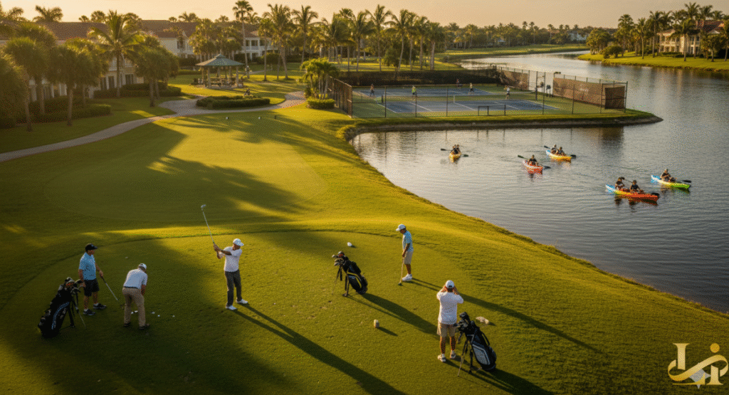 An aerial view of the golf course at Sandpiper Bay resort, showing a group of golfers on a tee box, adjacent to tennis courts and a lake where several guests are enjoying kayaking in colorful boats, surrounded by palm trees at sunset.