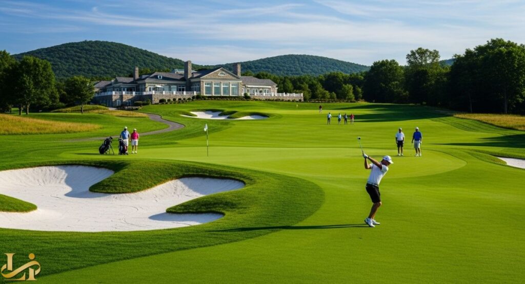A picturesque scene of a golfer swinging on a flawlessly manicured green at the Crystal Springs Resort golf course, with large white sand bunkers, surrounding lush trees, and a grand clubhouse building nestled against rolling green mountains in the background.