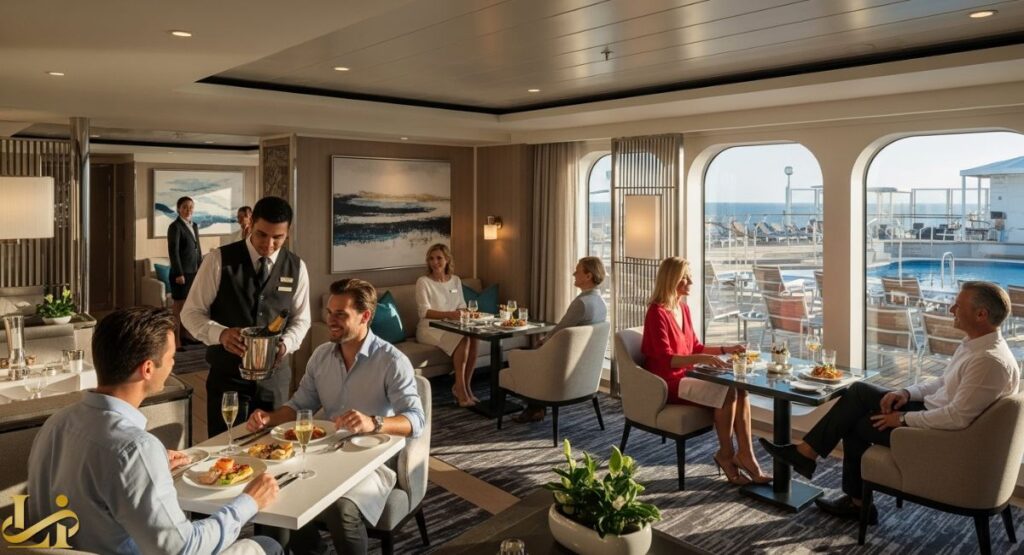 An elegant interior dining lounge on a cruise ship or large yacht, with waiters serving guests seated at tables, and a view through large windows to a sunny outdoor pool deck.