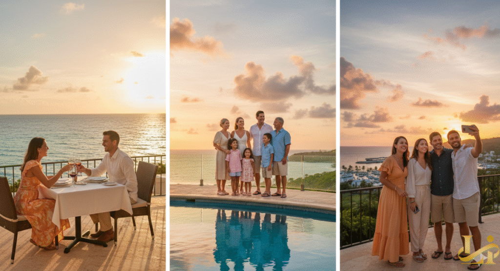 A three-panel image showcasing memorable experiences at the El Conquistador Resort at sunset: A couple enjoying a romantic dinner; a multi-generational family posing by an infinity pool; and a group of friends taking a selfie with the marina and ocean in the background.