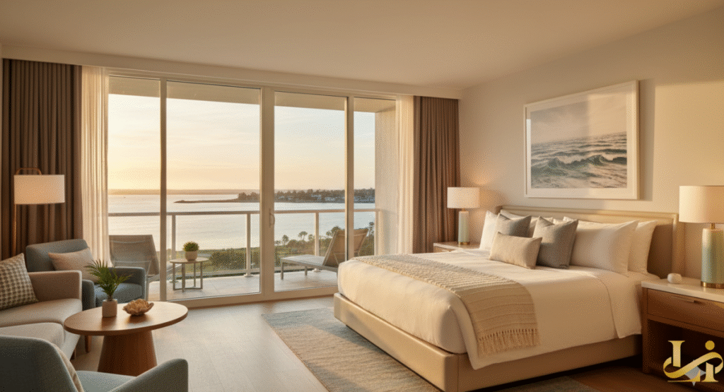 A luxurious, modern resort guest room with a king-sized bed, a sitting area with light blue accents, and floor-to-ceiling sliding glass doors that open to a balcony with a panoramic view of the beach and ocean at sunset.