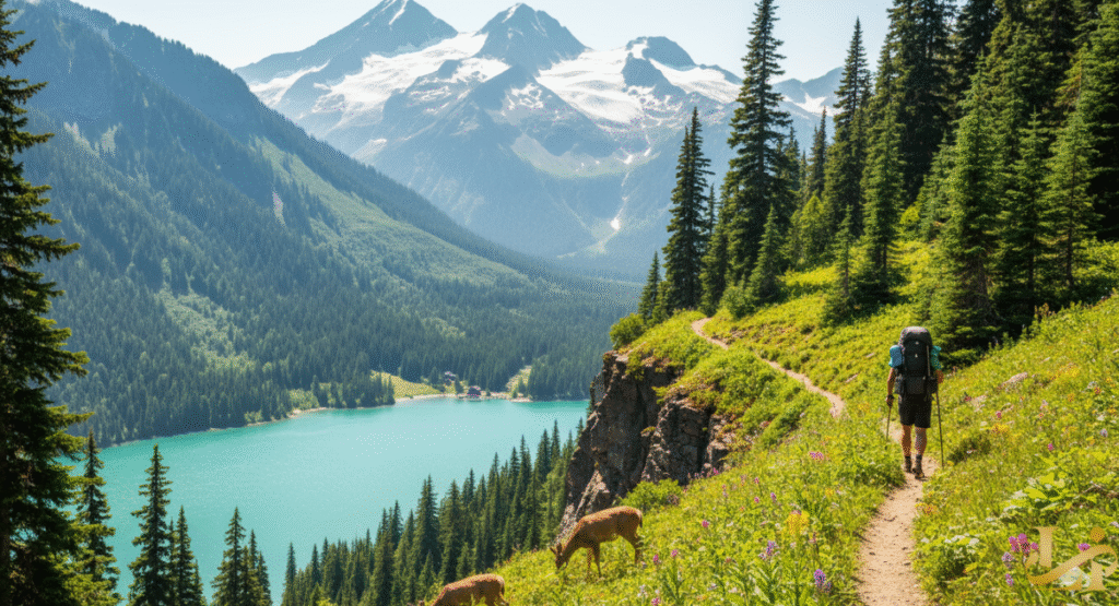 A hiker with a backpack walks a mountain trail high above a turquoise lake, with deer grazing in the foreground and snow-capped peaks rising in the background, illustrating the stunning hiking and wildlife opportunities surrounding Ross Lake Resort in the North Cascades National Park.