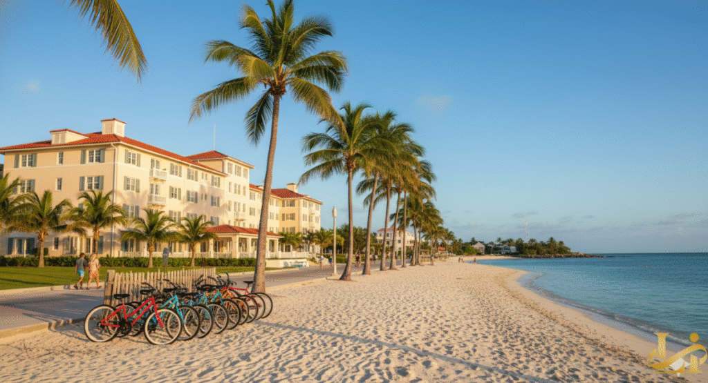 The historic Casa Marina Key West, Curio Collection resort building is seen from the beach, featuring yellow exterior walls and red tile roofs. A line of tall palm trees casts shadows over a row of rental bicycles and the wide, white-sand beach meeting the blue ocean.