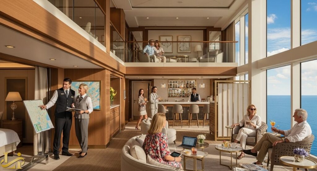 The luxurious two-story interior of an MSC Yacht Club suite, featuring a main floor with a bar, seating areas, and a butler/concierge service, and a balcony overlook with two people relaxing, all framed by large windows offering an ocean view.