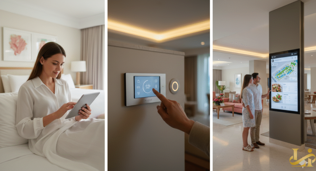 A three-panel image illustrating smart hotel technology: A woman using a tablet in bed; a hand adjusting a smart-home control panel for temperature or lighting; and a couple interacting with a large digital kiosk displaying a resort map and information.