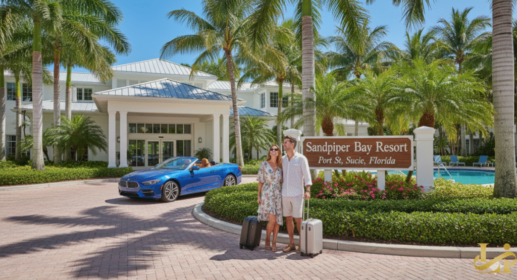 The welcoming entrance of the Sandpiper Bay Resort in Port St. Lucie, Florida, featuring a white colonial-style building and a prominent resort sign. A smiling couple stands with luggage, posing next to a bright blue convertible car parked at the lush, palm-tree-lined driveway.