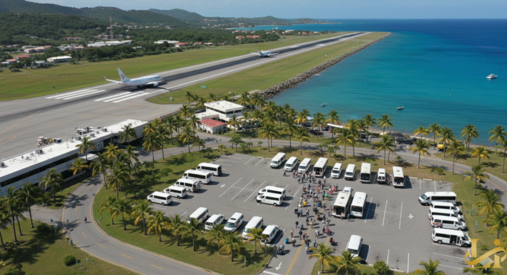An aerial view of an airport in the US Virgin Islands, showing the runway stretching along the turquoise ocean, with two airplanes, a bustling parking lot of shuttle vans and buses, and palm trees surrounding the terminal building.