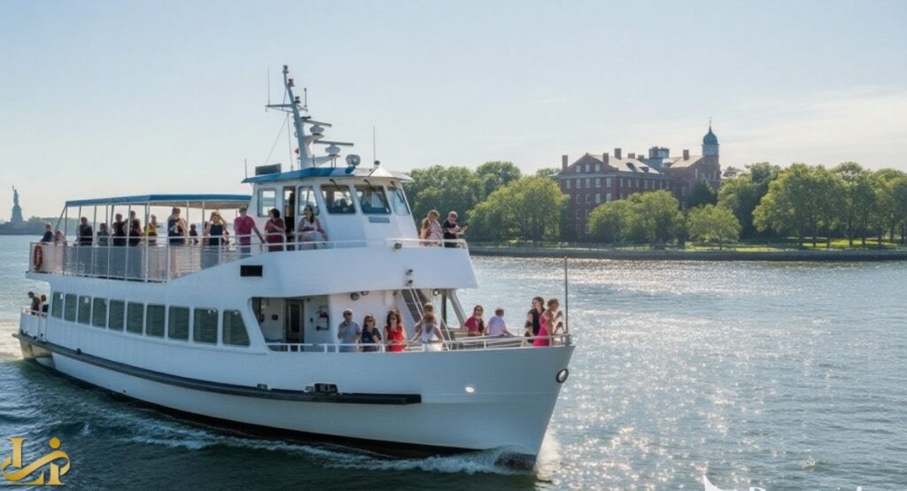 Governors Island Ferry : A white ferry boat carrying passengers cruises across the water towards Governors Island, with a historic red-brick building visible among the trees and the iconic Statue of Liberty visible in the distance on the left, illustrating the journey to the island.