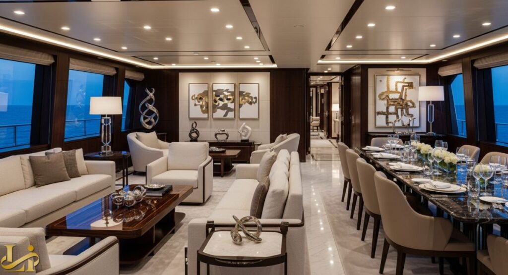 Jeff Bezos Yacht Koru : A view of the luxurious interior of a large superyacht, featuring a brightly lit, open-plan space with a formal dining area on the right and a comfortable living room lounge area on the left, all decorated in a contemporary style with white furniture, dark wood accents, and large windows offering ocean views.
