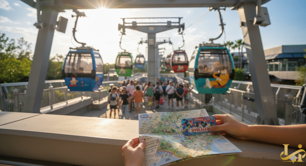 A pair of hands in the foreground holds a Disney Skyliner map and a colorful card, with the Skyliner station visible in the background, showing guests boarding and multiple character-themed gondola cabins arriving at sunset.
