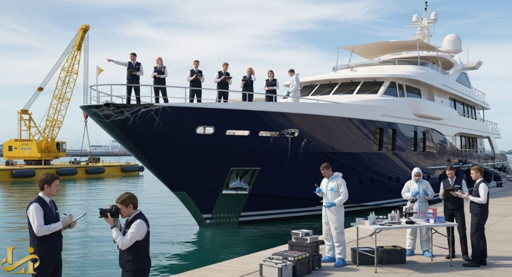 A dramatic, digitally rendered scene of forensic investigation on a docked superyacht. Several officials in suits and uniforms stand on the yacht's deck, pointing and taking notes.