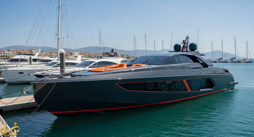 A striking dark grey Tecnomar for Lamborghini 63 luxury yacht with orange accents docked in a sunny marina, surrounded by other boats and with hills visible in the background, illustrating the investment and aesthetic of the luxury vessel.