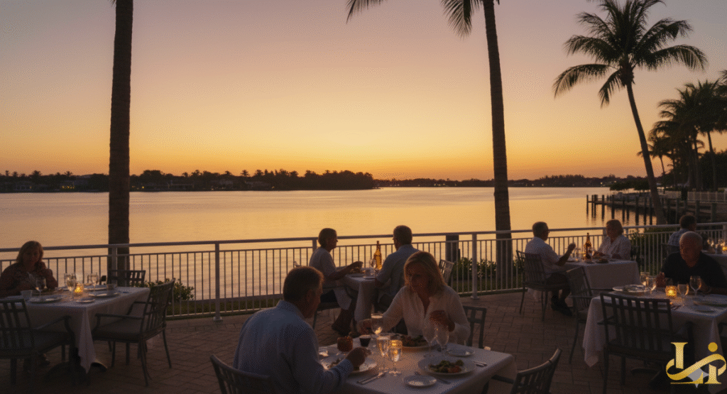 Guests enjoy an outdoor, waterfront dinner on a patio with palm trees silhouetted against a brilliant orange and pink sunset reflecting off the calm water. Couples and small groups are seated at white-clothed tables, creating a romantic and peaceful dining scene.