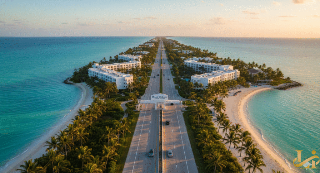 A bright, modern luxury hotel room featuring a king-size bed, a coral-colored sofa sitting area, and a sliding glass door opening to a private balcony with two chairs and a brilliant blue ocean view.
