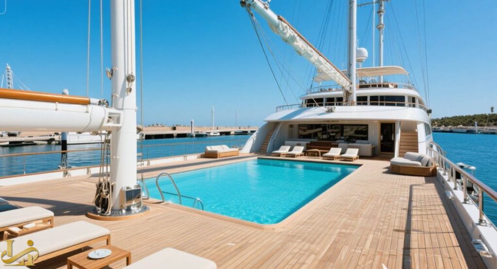 A broad teak deck on a luxury superyacht, featuring a large, rectangular swimming pool with sun loungers and comfortable outdoor seating, set against a backdrop of a sunny marina and clear blue sky, highlighting key features and luxury upgrades.