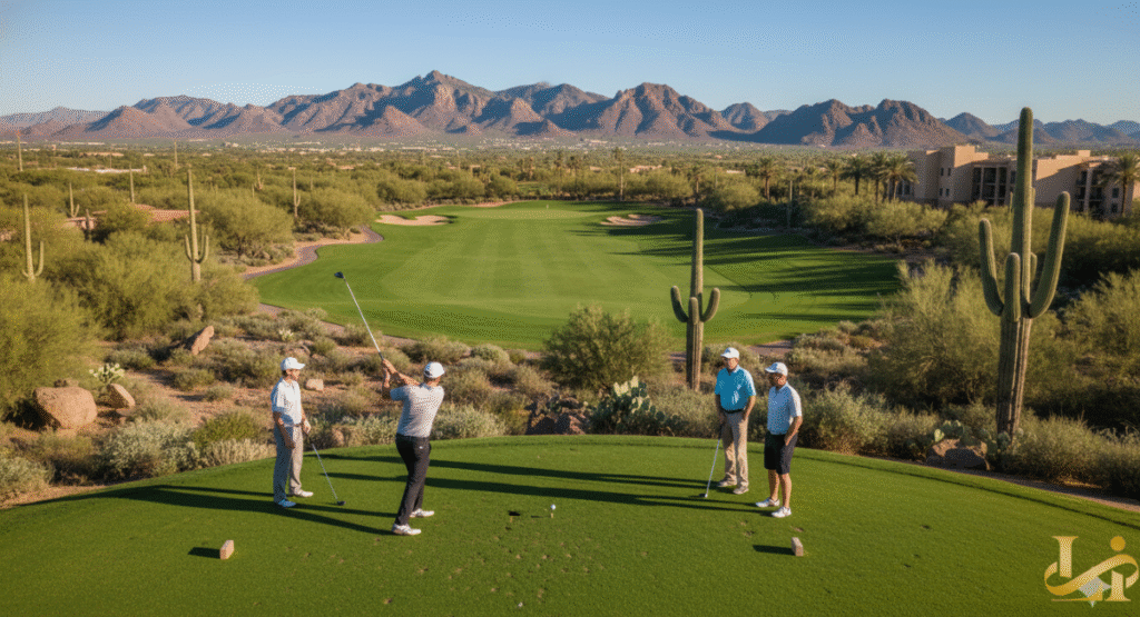 A golfer teeing off on a green fairway surrounded by saguaro cacti and desert landscaping, while three other golfers watch. The background features a resort building and the dramatic McDowell Mountains under a clear blue sky.
