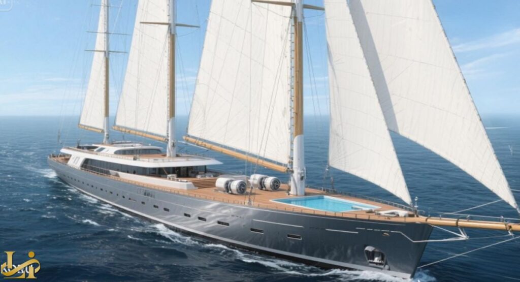 A large, three-masted sailing superyacht named Koru with a grey hull and white sails fully deployed, cruising on a calm blue ocean, showcasing its full profile, on-deck pool, and luxurious dimensions.