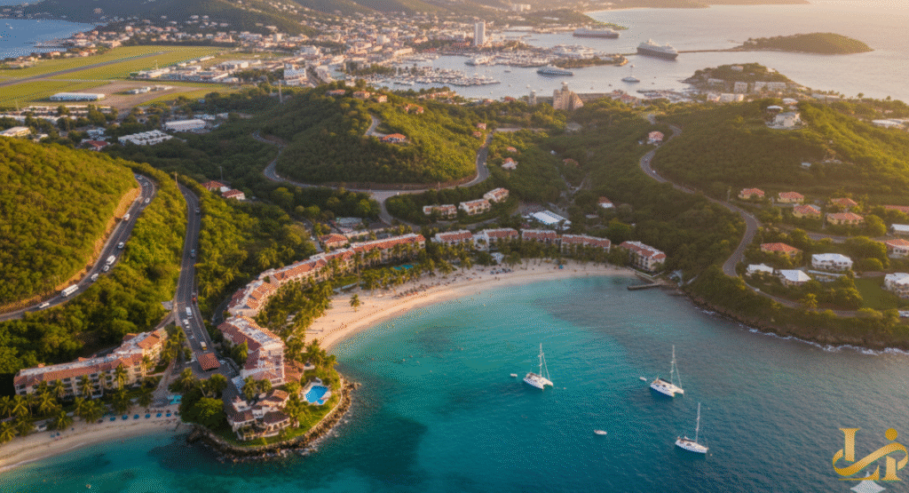 An aerial view of the coastal location and resort on St. Thomas near Bolongo Bay Beach Resort, showing a white-sand crescent beach, turquoise water with anchored sailboats, and low-rise buildings nestled into the lush green hills, with the main town and cruise ships visible in the distance.