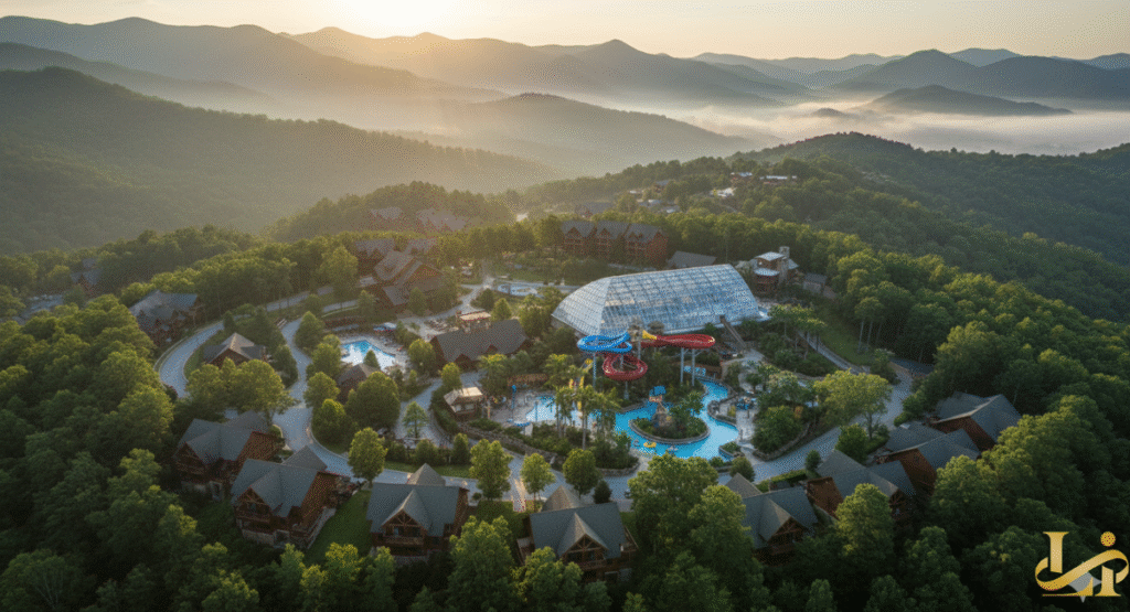 An expansive view of the Wild Bear Falls Water Park, an indoor water park in Gatlinburg with a large retractable glass roof, featuring a lazy river, a multi-story water slide complex, and tropical palm trees surrounding the water attractions.