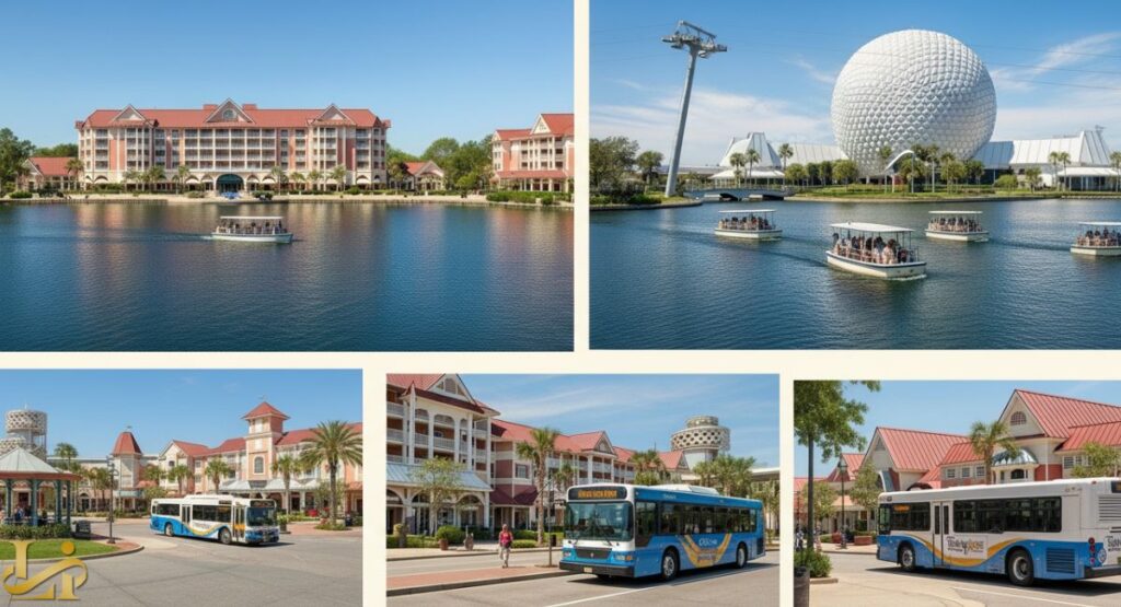 A collage of five images illustrating the location and transportation options at Disney's Beach Club Resort, including water taxis on the lake near the resort and Spaceship Earth, and resort buses parked at bus stops.