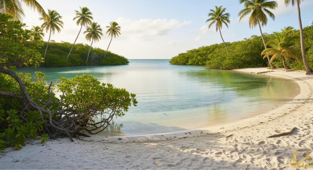 A pristine, secluded beach cove in the Florida Keys, featuring crystal-clear turquoise water, white sand, and dense mangrove and palm tree foliage. The untouched, natural beauty suggests a private escape near a luxury property like Little Palm Resort or an exclusive getaway location.