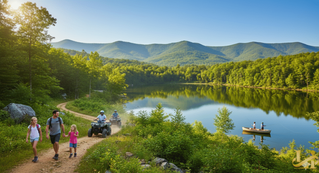 A family enjoying outdoor activities at Primland Resort, including a father and two children hiking on a dirt trail, people riding an ATV, and others fishing from a boat on a calm lake, all set against a backdrop of forested mountains.