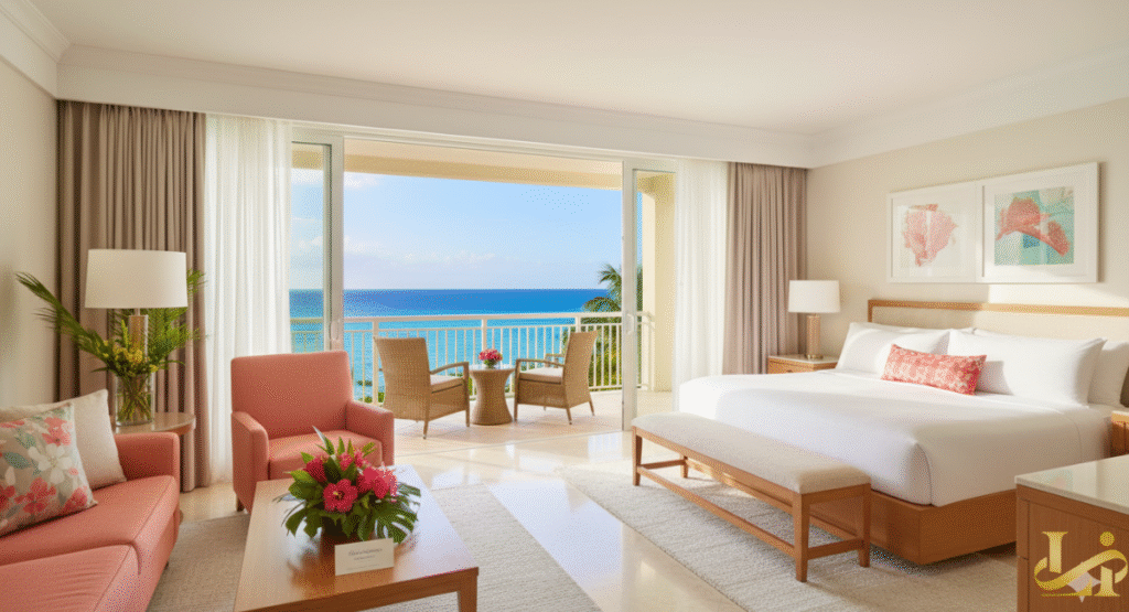 A bright, luxury hotel room featuring a king-size bed, a living area with coral-colored sofa and armchairs, and a sliding glass door opening to a private balcony with a stunning, unobstructed view of the turquoise ocean.