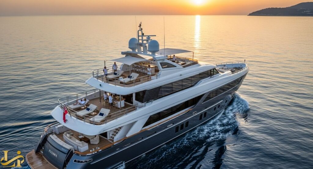 An overhead view of the luxury superyacht Evrima from The Ritz-Carlton Yacht Collection sailing at sunset, with guests relaxing on the multi-tiered teak decks, showcasing the vessel's dark hull and white superstructure.