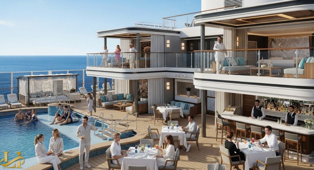 An image of the luxurious, multi-story private deck of the MSC Yacht Club on a cruise ship, featuring an outdoor pool, sun loungers, a bar, and exclusive dining areas with guests and waiters.